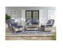 Gray Wicker Outdoor Patio Footstool with Midnight Plaid Navy Cushion