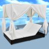 Patio Lounge Bed with Curtains Poly Rattan Black