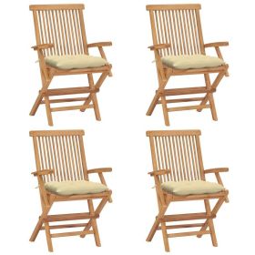Patio Chairs with Cream White Cushions 4 pcs Solid Teak Wood (Color: Cream)