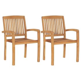 Stacking Patio Dining Chairs 2 pcs Solid Teak Wood (Color: Brown)