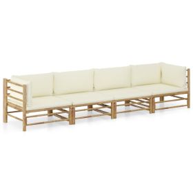 4 Piece Patio Lounge Set with Cream White Cushions Bamboo (Color: Brown)
